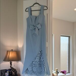 Powder Blue Midi Dress with Lace Inset and Bow - Fehaute
